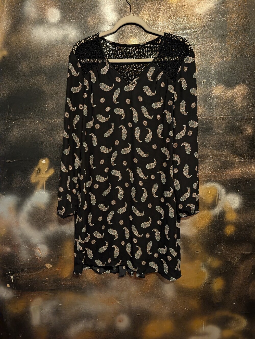 DR2 Black Paisley Print Long Sleeve Dress with Crochet Yoke